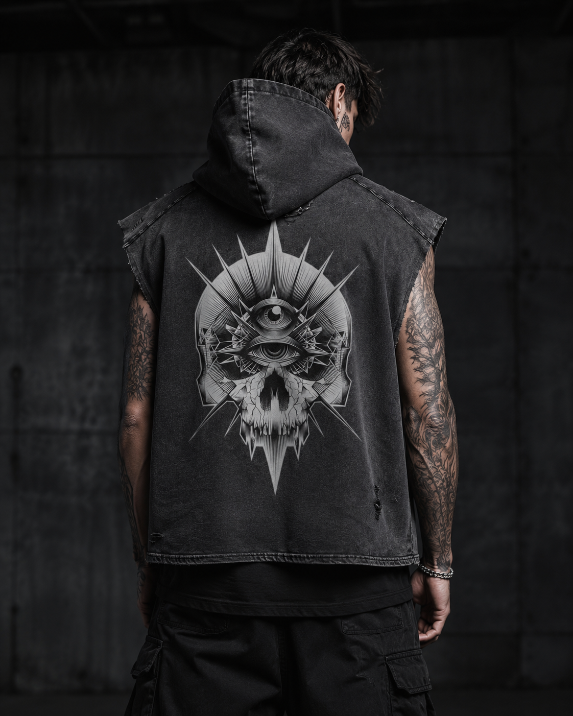 Third Eye Skull Hooded Tank Top – Snow Washed Gothic Streetwear Vest