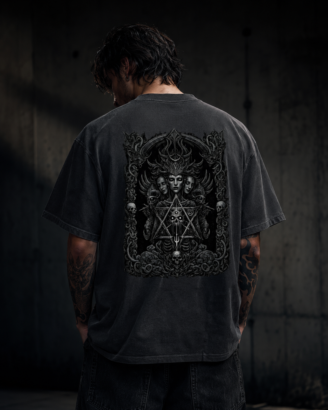 Occult Goddess Oversized Tee – Vintage Washed Gothic T-Shirt